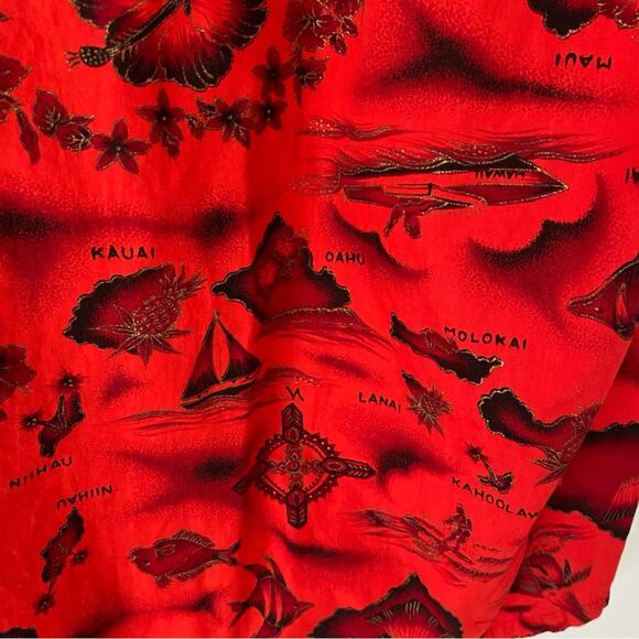 Ui Maiki Vintage 60s Red Hawaiian Islands Map Hibiscus Flower Button Down Shirt - Picture 7 of 7